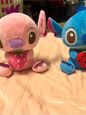 Disney Lilo & Stitch Angel Plush Pair Holding Strawberries Cute